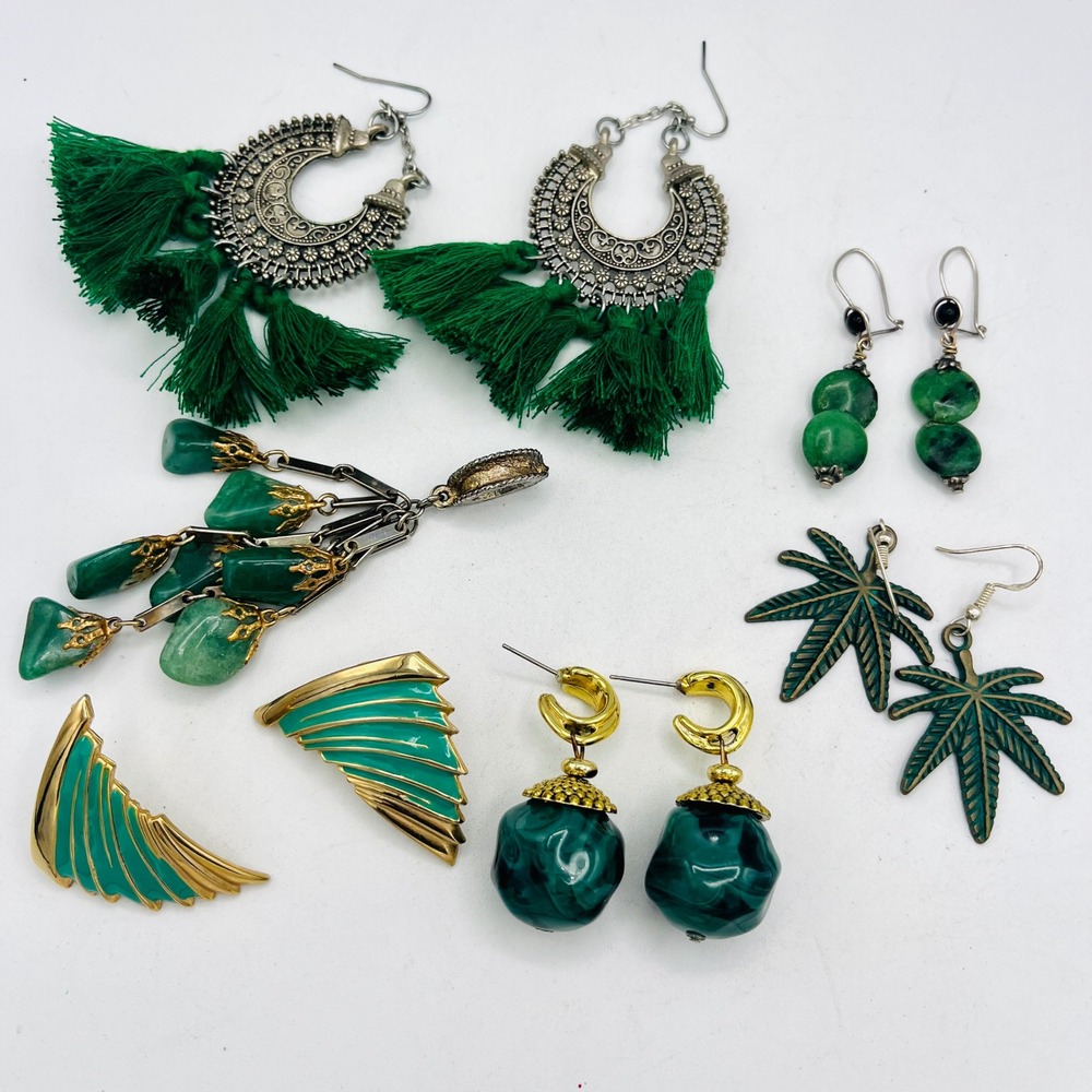 Vintage Green Jewelry Lot 6pc Tassel Stone Resin Leaf Earrings & Pendant Set